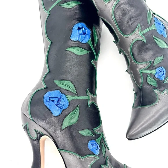 NEW Miu Miu SS 2012 Runway Rose Applique Western Pointed Toe Knee High Boots 37 - Picture 8 of 11